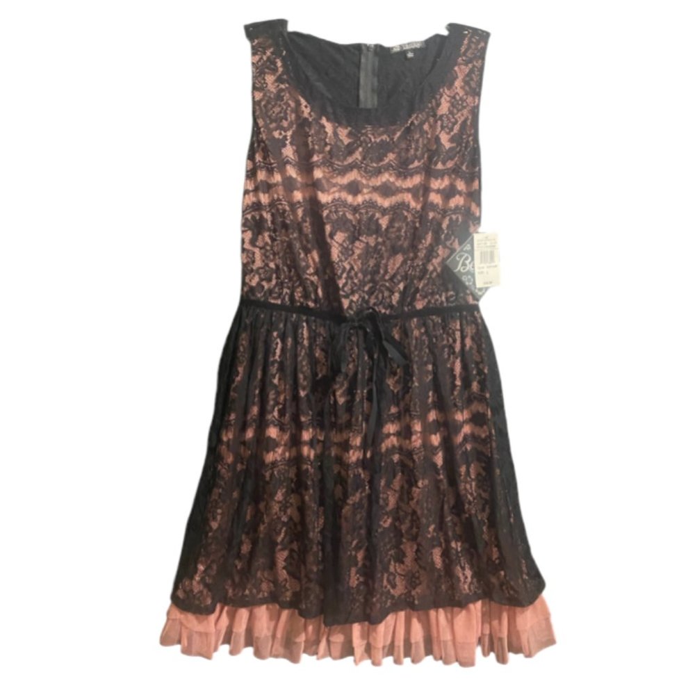 NWT BeBop Lace Overlay Tulle Dress Black Blush Pink Size L Sleeveless Tie Waist